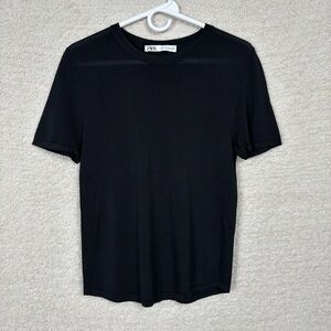 Zara Top Womens Large Black Short Sleeve Pull Over Round Neck Semi Sheer Shirt